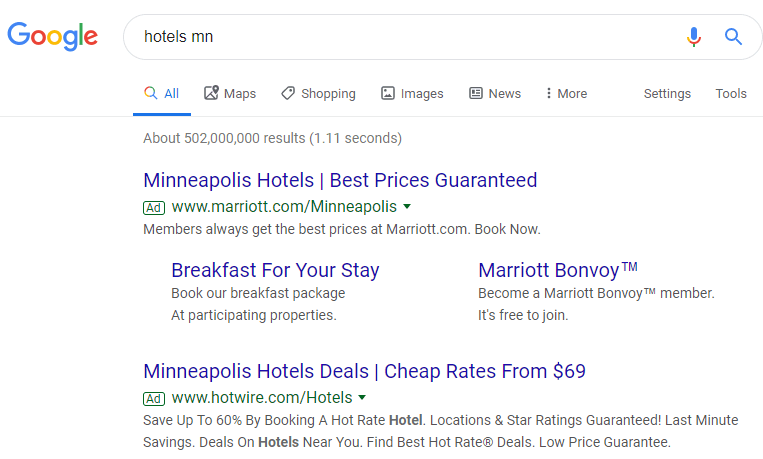 Hotel Ads MN Google Search