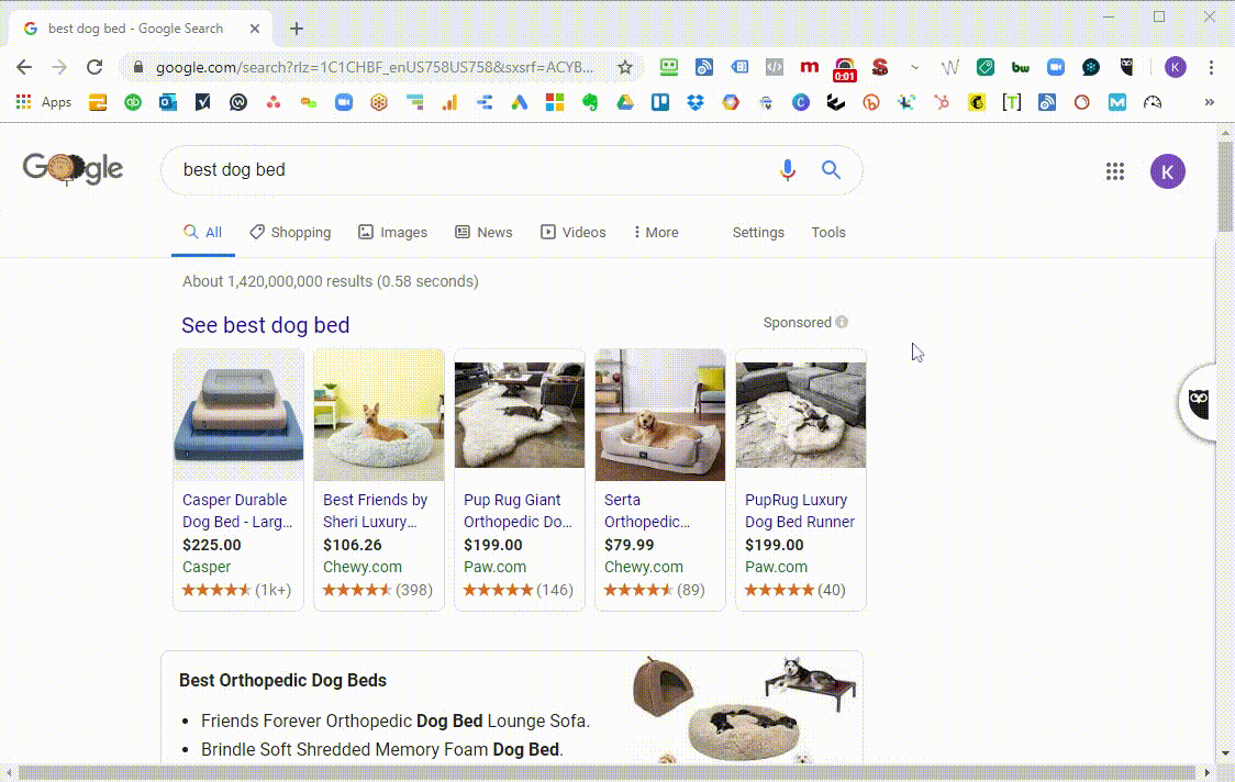 GIF of google search results for best dog bed
