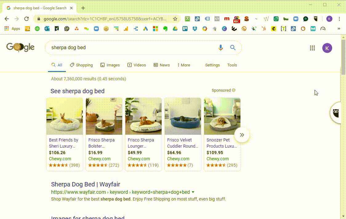 GIF of google search results for sherpa dog beds on google